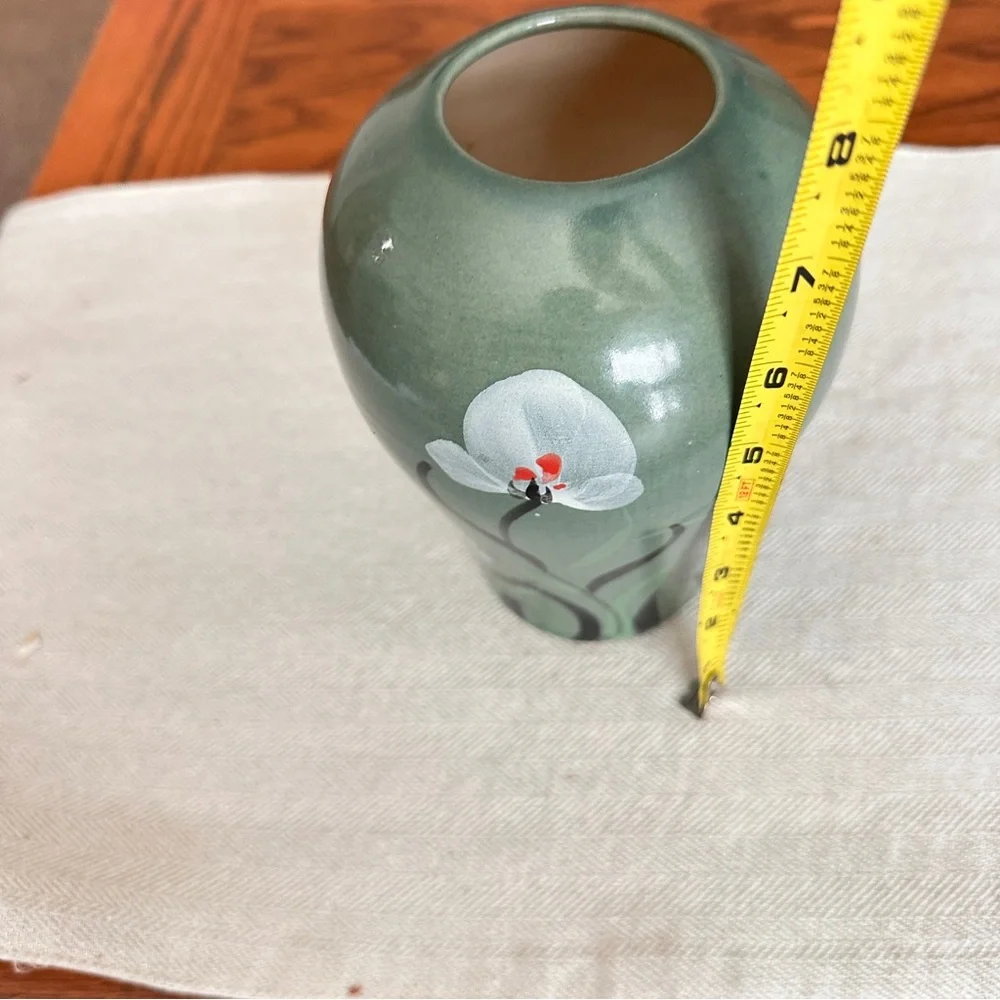 Vintage hand painted green floral vase